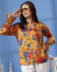 Mustard Floral Print Mandarin Collar Bell Sleeve Shirt Style Top