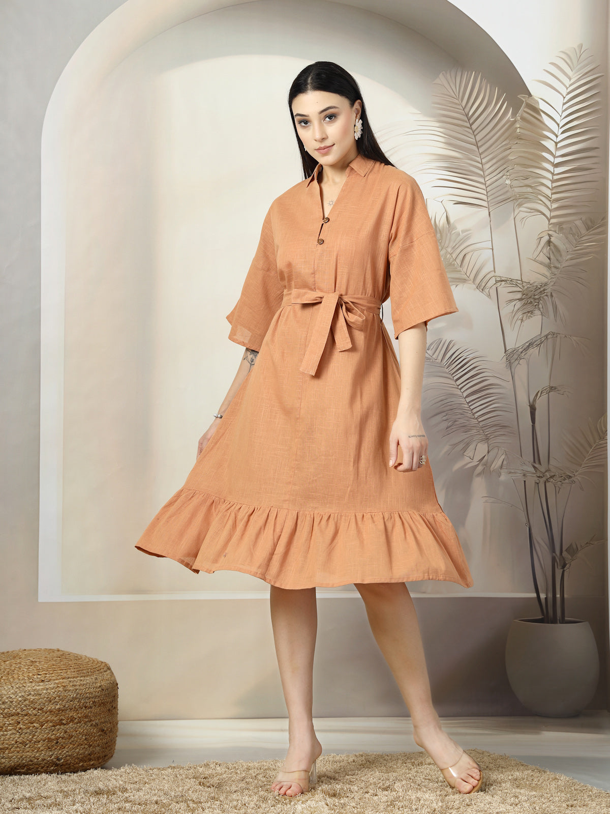 Solid Rust Flared Sleeves Belted Cotton A-Line Dress