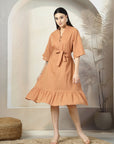 Solid Rust Flared Sleeves Belted Cotton A-Line Dress