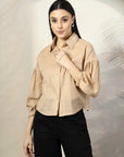 Women Beige Solid Shirt Collar Full Sleeve Cotton Top