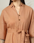 Solid Rust Flared Sleeves Belted Cotton A-Line Dress