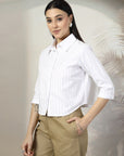 Women White Solid Shirt Collar 3/4th Sleeve Cotton Top