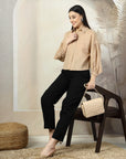 Women Beige Solid Shirt Collar Full Sleeve Cotton Top