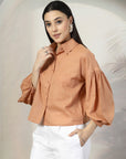 Women Rust Solid Shirt Collar Full Sleeve Cotton Top