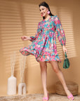 Multi Above Knee V Neck Floral Print A Line Dress