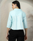 Women Blue Solid Shirt Collar 3/4th Sleeve Cotton Top