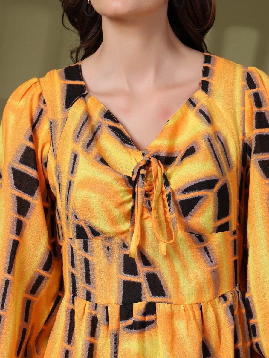 Tie and Dye Print Tie-Up Neck Puff Sleeve Fit &amp; Flare Mini Dress