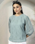 Women Sea Green Solid Round Neck Cotton Top