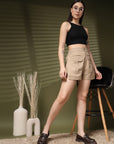 Beige Solid Regular Fit Women Shorts