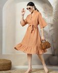 Solid Rust Flared Sleeves Belted Cotton A-Line Dress