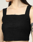 Women Black Solid Square Neck Sleeveless Cotton Top