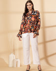 Multi Floral Print Mandarin Collar Bell Sleeve Shirt Style Top