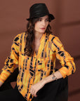 Print Mandarin Collar Puff Sleeve Cotton Top