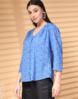 Blue Solid V Neck Cotton Top