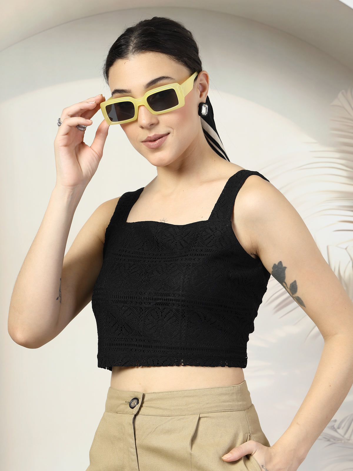 Women Black Solid Square Neck Sleeveless Cotton Top