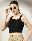 Women Black Solid Square Neck Sleeveless Cotton Top