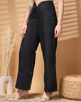 Black Solid Regular Trousers Women Loose Fit High Rise Trousers