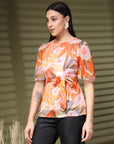 Orange Printed Round Neck Floral Print Top