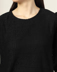 Women Black Solid Round Neck 3/4th Sleeve Cotton Top