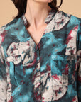 Print Mandarin Collar Puff Sleeve Cotton Top