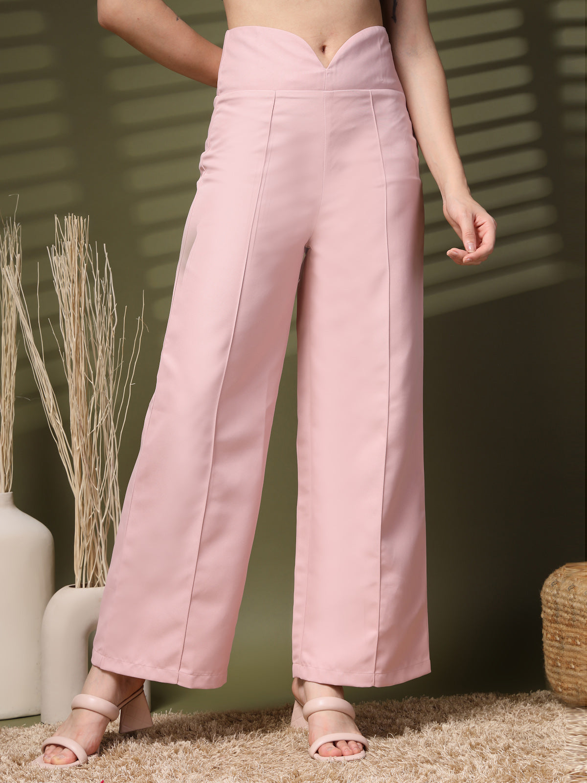 Pink Solid Regular Trousers Women Loose Fit High Rise Trousers
