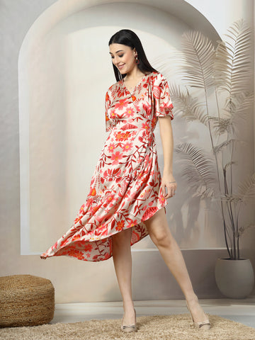 Beige Floral Print A-Line Midi Dress