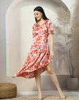 Beige Floral Print A-Line Midi Dress