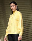 Yellow Regular Sleeves Spread Collar Women Standard Opaque Casual Buttoned Top