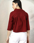 Women Maroon Solid Shirt Collar 3/4th Sleeve Cotton Top