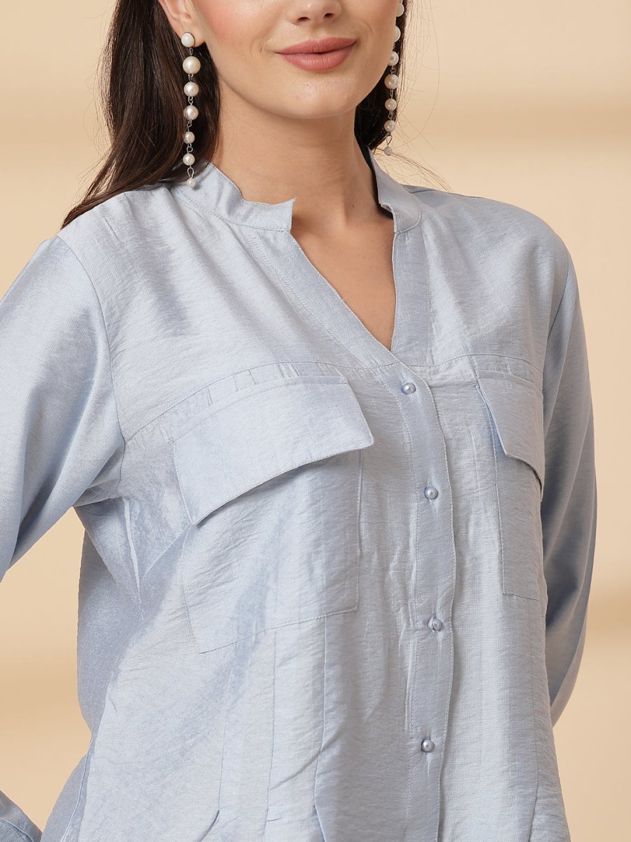 Blue Women Opaque Casual Buttoned Top