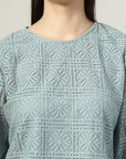 Women Sea Green Solid Round Neck Cotton Top