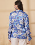 Blue Floral Print Mandarin Collar Bell Sleeve Shirt Style Top