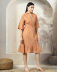 Solid Rust Flared Sleeves Belted Cotton A-Line Dress