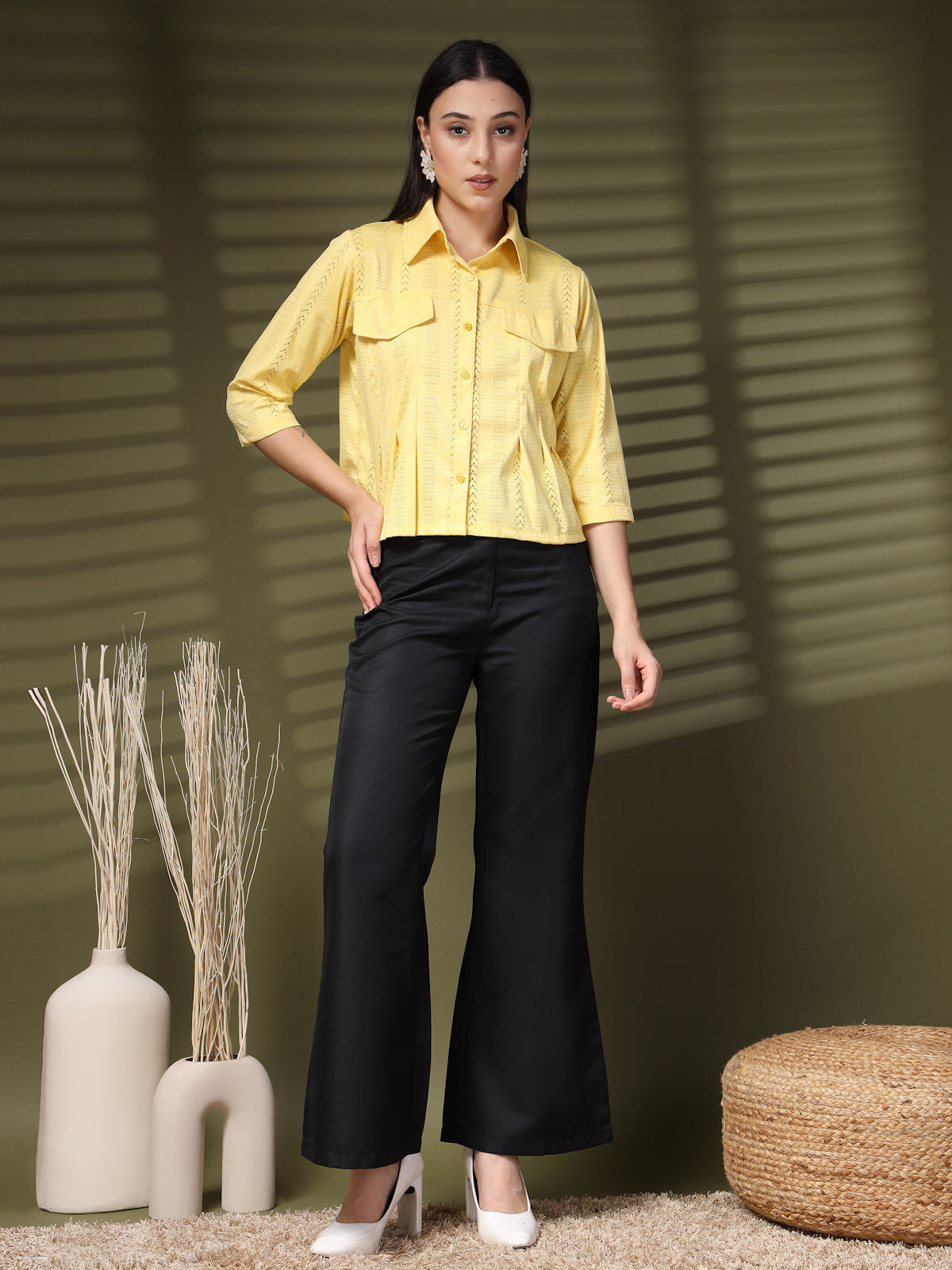 Yellow Solid Shirt Collar Crop Top