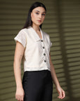 Cream Solid Shirt Collar Cotton Crop Top