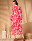 Pink Midi Round Neck Floral Print Puff Sleeve A Line Midi Dress