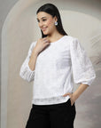 Women White Solid Round Neck 3/4th Sleeve Cotton Top