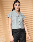 Sea Green Solid Shirt Collar Cotton Crop Top