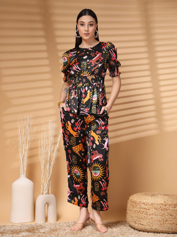 Black Top Short Sleeves  Printed Top & Trouser Co Ords