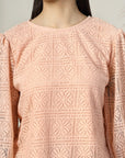 Women Pink Solid Round Neck 3/4th Sleeve Cotton Top