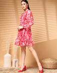 Pink Above Knee V Neck Floral Print A Line Dress