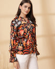 Multi Floral Print Mandarin Collar Bell Sleeve Shirt Style Top