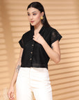 Black Solid Shirt Collar Cotton Crop Top