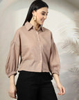 Women Brown Solid Shirt Collar Full Sleeve Cotton Top