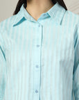 Women Blue Solid Shirt Collar 3/4th Sleeve Cotton Top