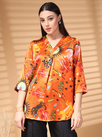 Orange Printed V Neck Floral Print Top