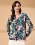 Print Mandarin Collar Puff Sleeve Cotton Top