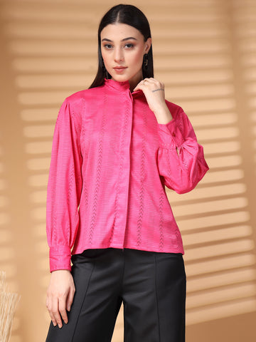 Pink Regular Sleeves Spread Collar Women Standard Opaque Casual Shirt