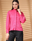 Pink Regular Sleeves Spread Collar Women Standard Opaque Casual Buttoned Top