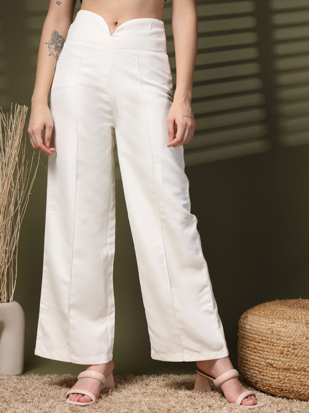 Cream Solid Regular Trousers Women Loose Fit High Rise Trousers